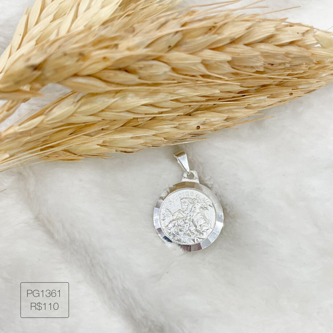 Pingente São Jorge Redondo Diamantado Liso Prateado